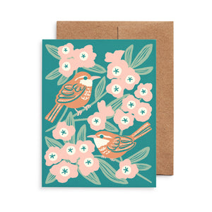 Illustrated greeting card featuring Carolina Wren perched amongst rhododendron blooms.