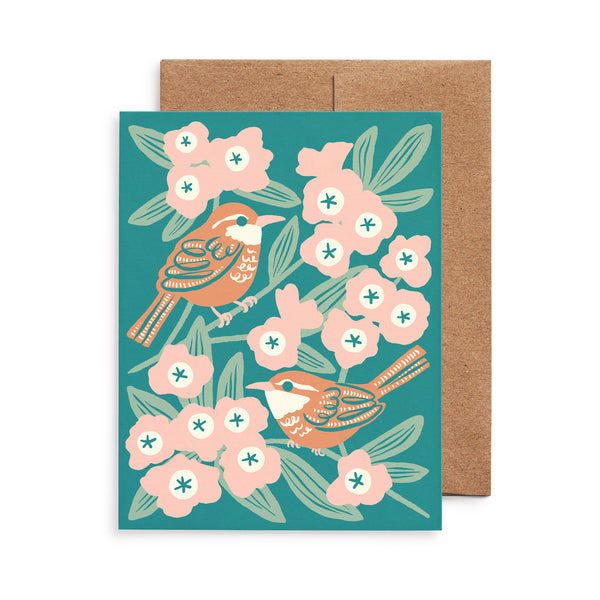 Illustrated greeting card featuring Carolina Wren perched amongst rhododendron blooms.