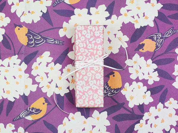 A gift wrapped in the reverse side of the paper on a backdrop of the Goldfinch pattern.