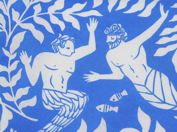 Close up view of two mermen dancing surrounded by sea leaves and little fish.